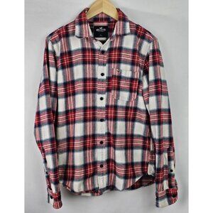 Hollister Men's Flannel Shirt Size Large Red White Plaid Long Sleeve Button Down